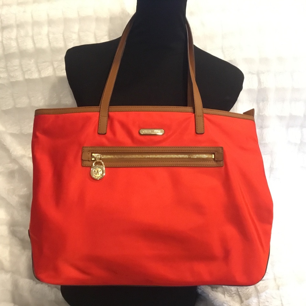 Michael Kors Kempton Red Nylon Brown Leather Shoulder Tote Bag Purse Like New - Picture 1 of 9